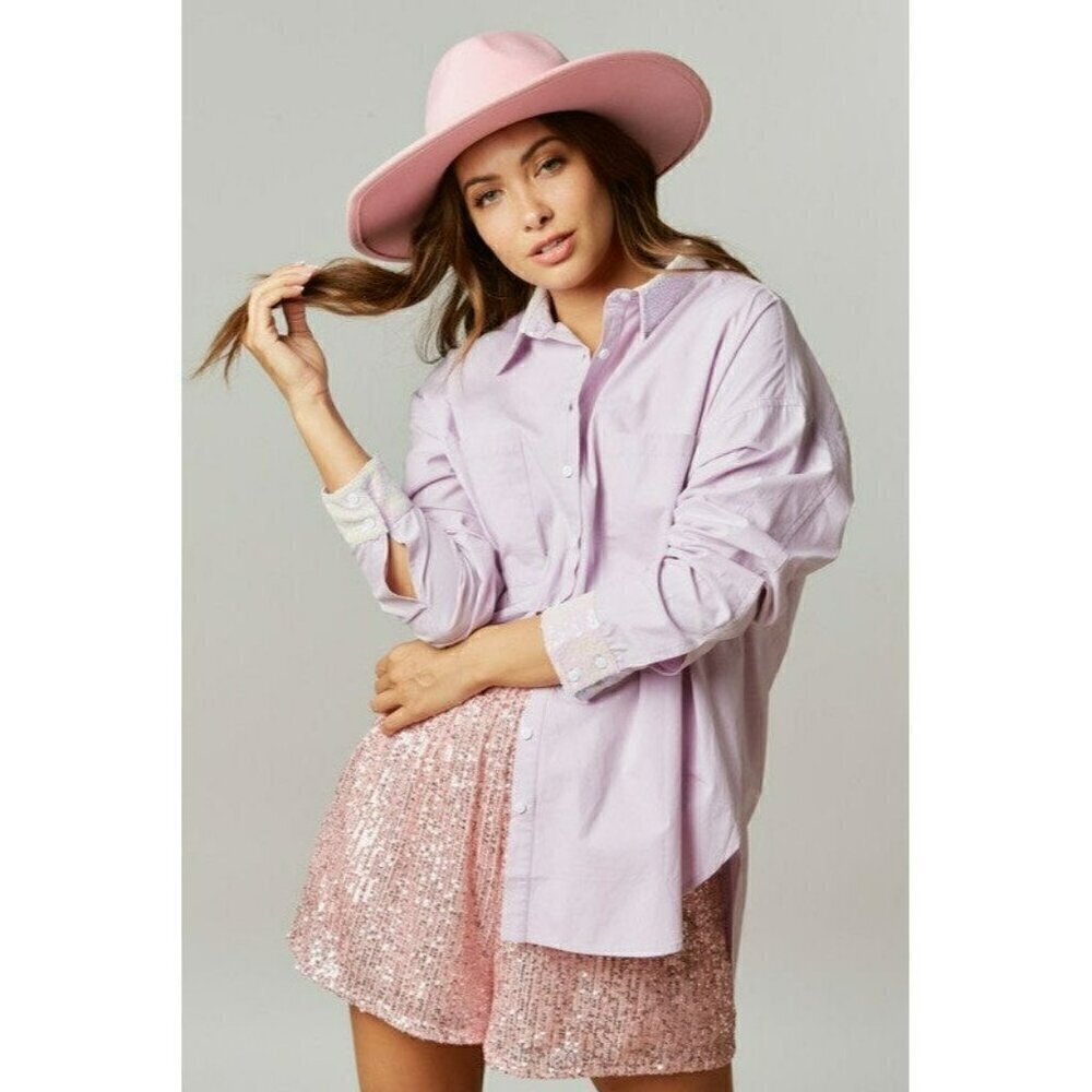 Mimosa Brunch Sequin Patch Poplin Oversize Shirt in Lavender - Picture 3 of 8